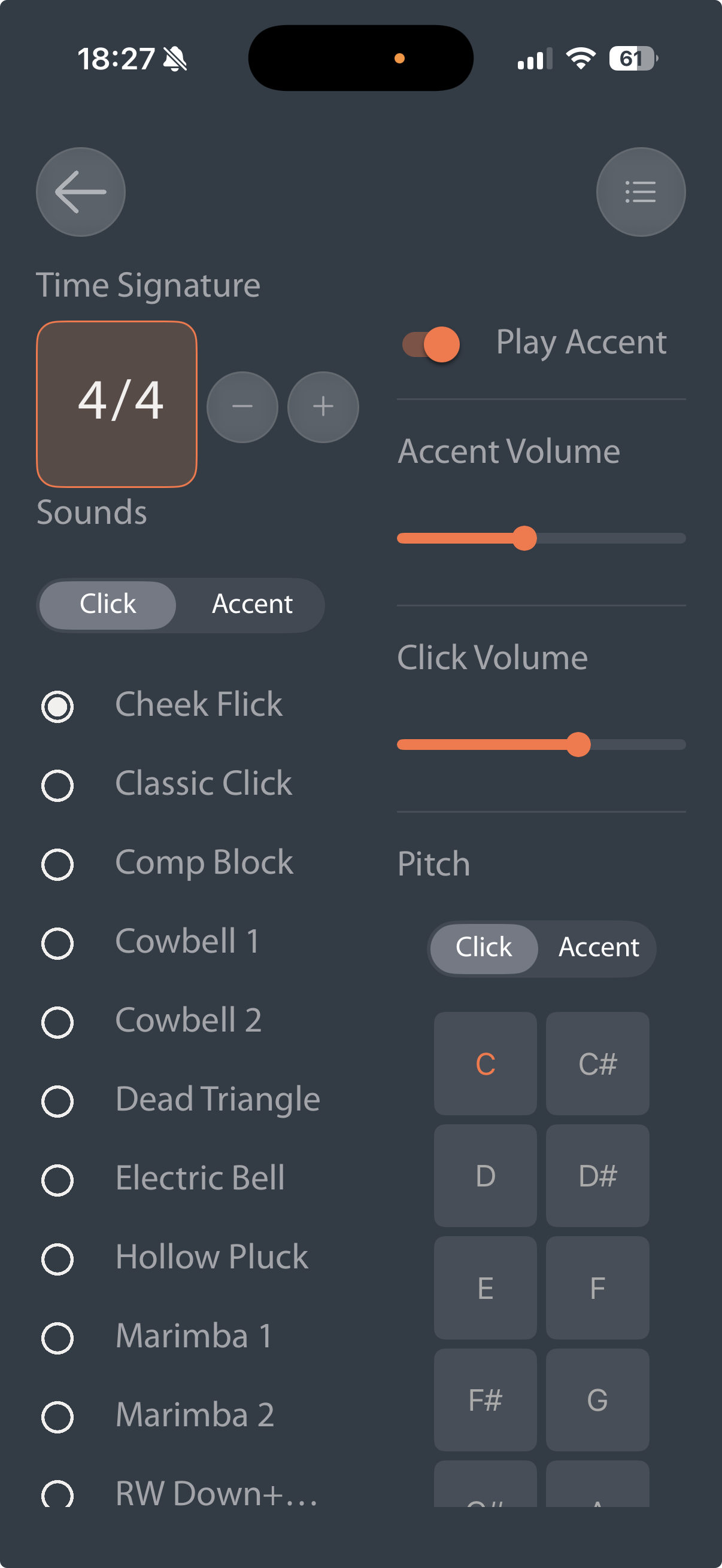 Time signature, sounds, accent volume and pitch